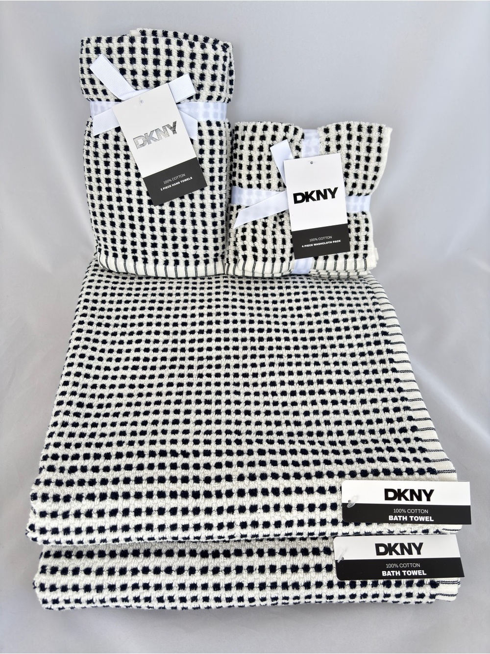 NWT DKNY Set of 8 Black and White Checkerboard 100% Cotton Bath & Hand Towels